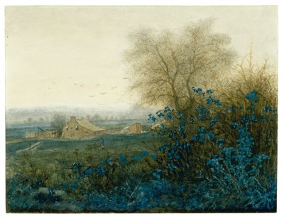 農家と手押し車を手にした農民のいる風景、1865年（ガッシュ、ペン、グラファイトの上にセピア色のインクで紙を削り、インクで高めた） 作： Léon Bonvin